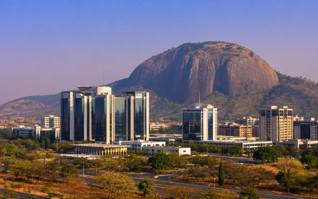 Abuja business district with Aso Rock behind it