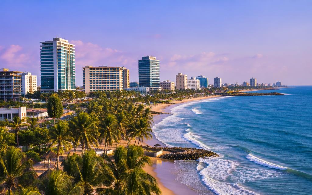 Accra beachfront with palm trees and city towers